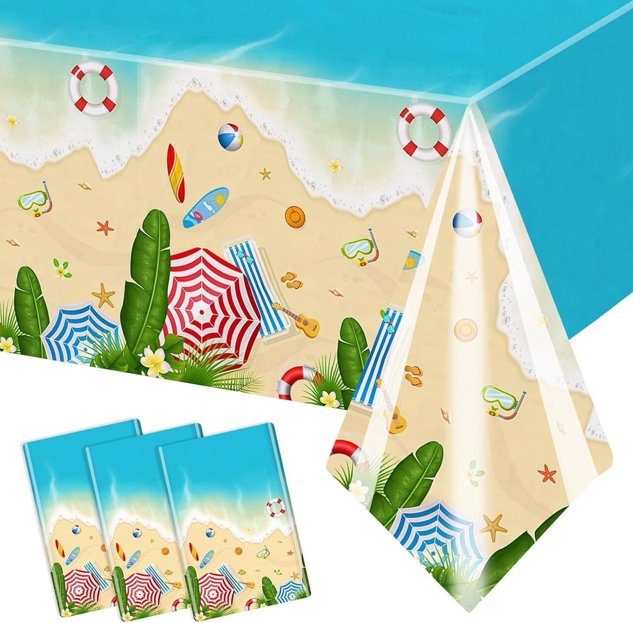 3Pcs Summer Pool Disposable Tablecloth Beach Theme Party Decorations (54 x 108 Inch)